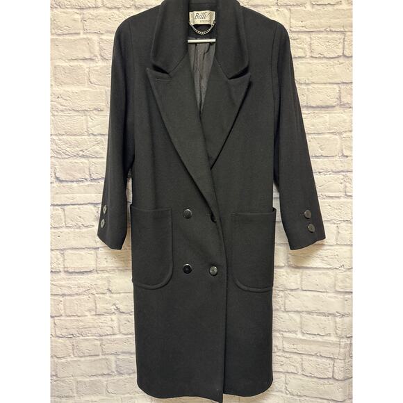 Billi by Billycoat Vintage Black Wool Blend Long Women's Coat LG Buttons Pockets - Picture 1 of 6